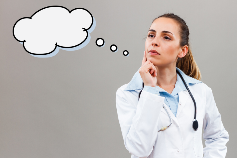 Doctor Woman thinking with a thought bubble next to her